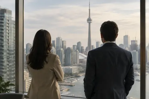 Two people seen from behind in conversation at a window overlooking the city.